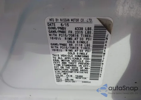 2015 Nissan Rogue Select S z USA, uszkodzony, nr VIN JN8AS5MT7FW158765